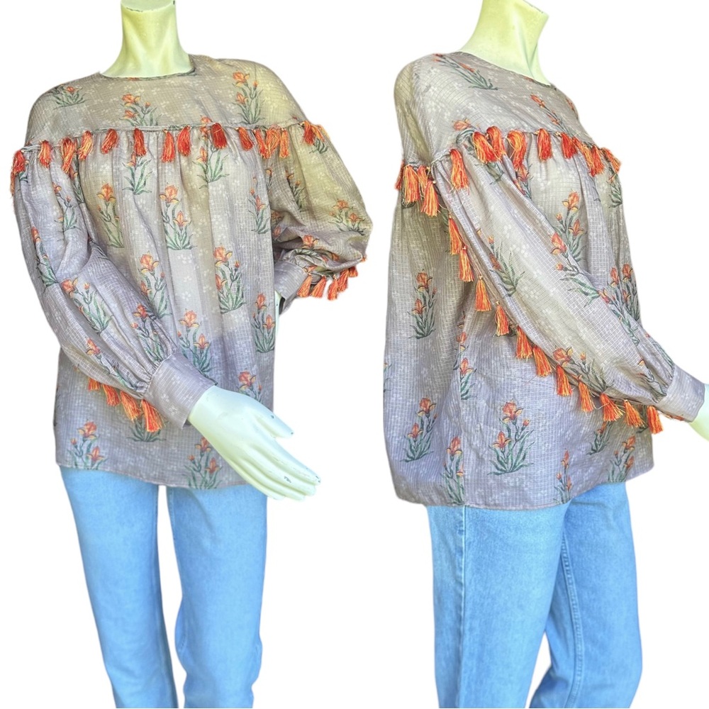 Sachin + Babi Anthropologie Floral Printed Blouse with Orange Tassels small